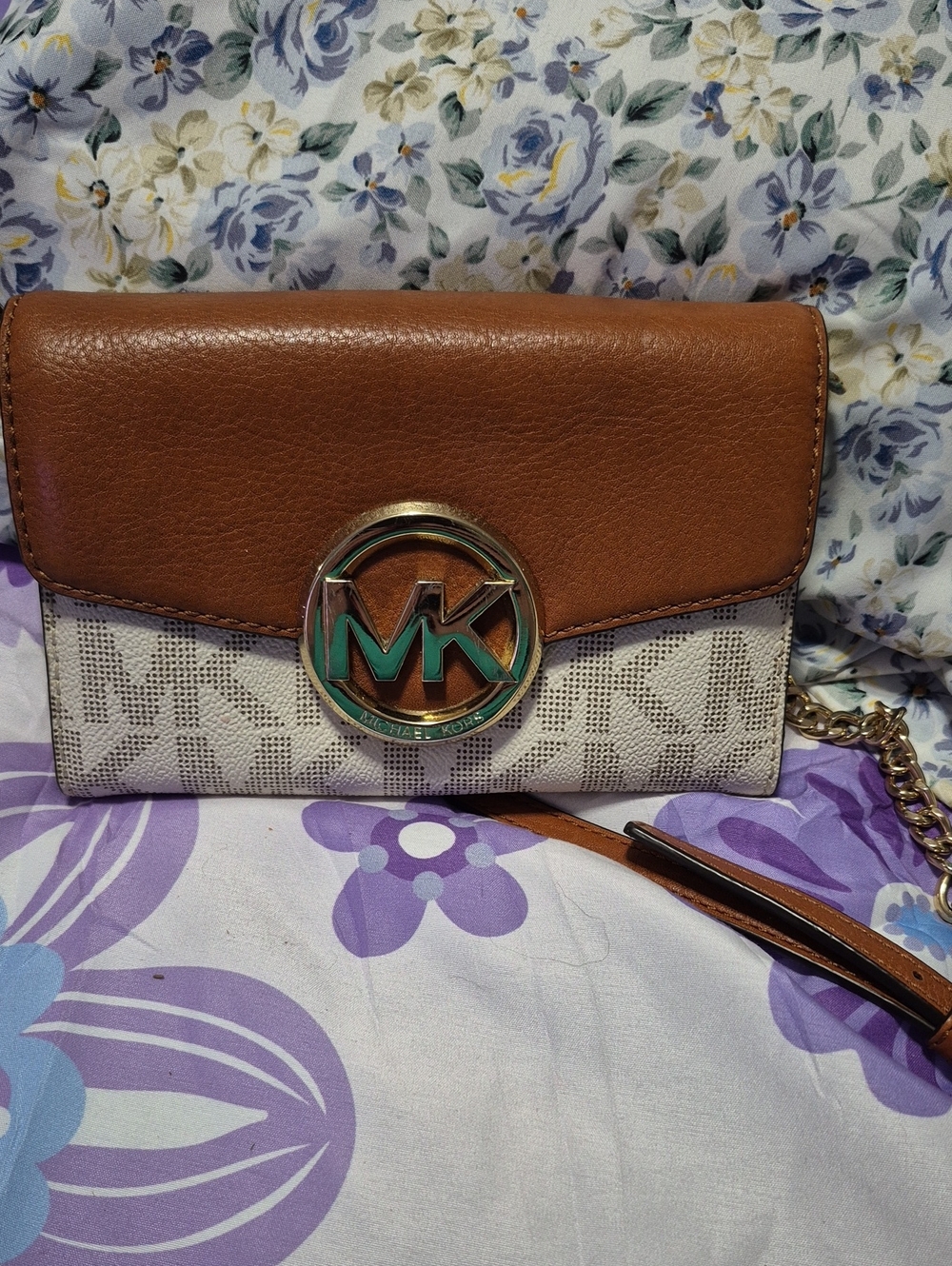 Michael Kors Brown and Beige Logo Crossbody Wallet with Gold MK Emblem